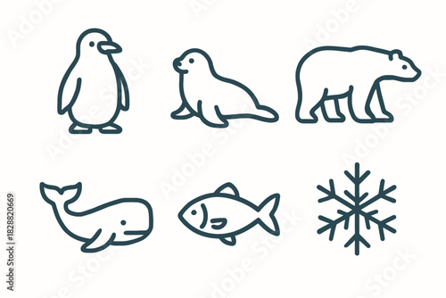 Arctic animals and snowflake: penguin, seal, polar bear, whale, fish icon set
