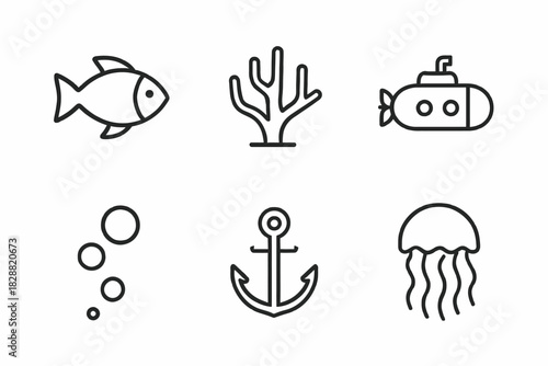 Underwater icons set: fish, coral, submarine, bubbles, anchor, jellyfish