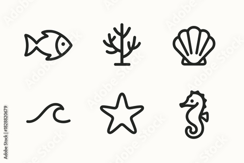 Minimalist ocean icons: fish, coral, seashell, wave, starfish, seahorse
