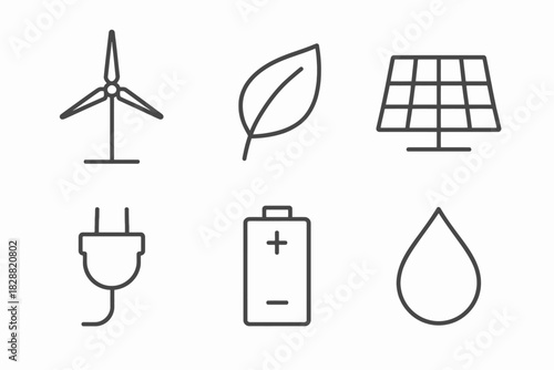 Eco-friendly energy symbols: wind turbine, solar panel, leaf, plug, battery, water drop icons