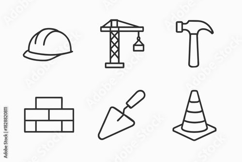 Outline icons of construction tools and equipment collection