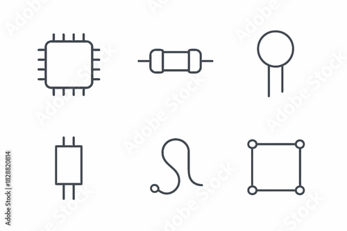 Simple electronic component icons: microchip, resistor, capacitor, inductor, transistor, framework