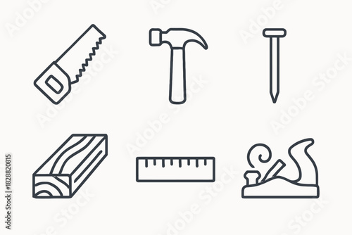 Simple hand tools: saw, hammer, nail, wood, ruler, plane line drawing