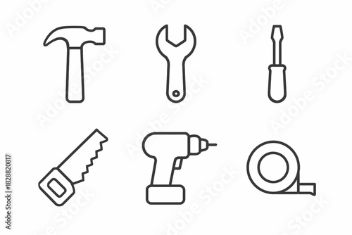 Line art of essential tools: hammer, wrench, screwdriver, saw, drill, tape