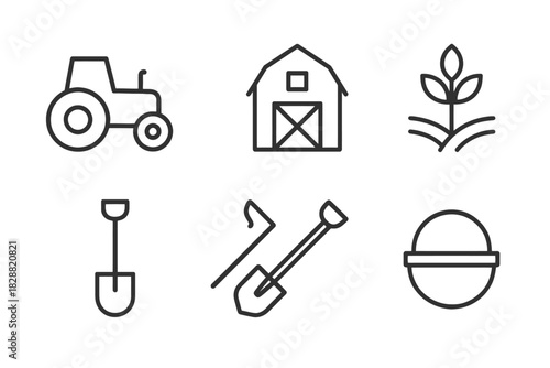 Simple line art icons of farming equipment and agriculture symbols