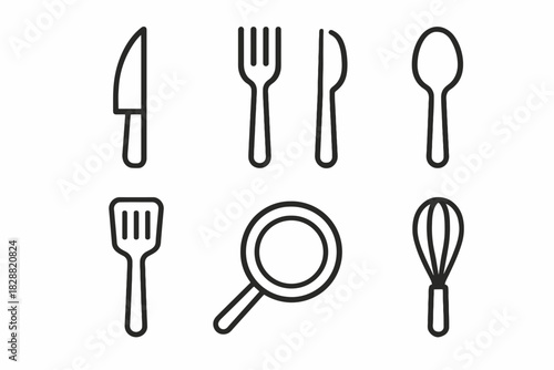 Collection of kitchen utensil icons: knife, fork, spoon, spatula, whisk, magnifying glass