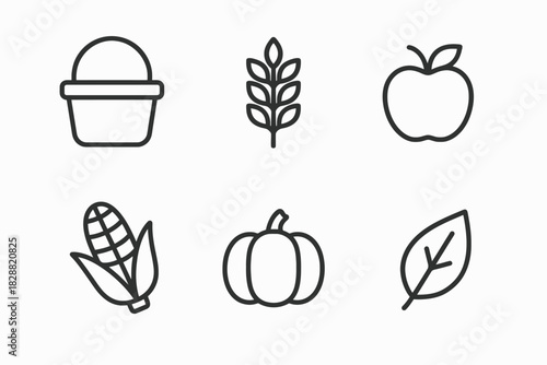 Set of simple harvest icons: basket, wheat, apple, corn, pumpkin, leaf