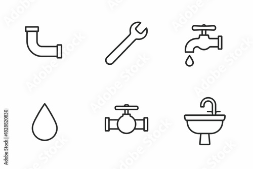 Minimalist plumbing icons: pipe, wrench, faucet, water drop, valve, sink