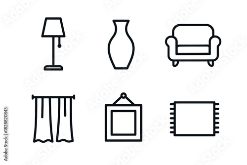 Minimalist home decor icons: lamp, vase, sofa, curtains, frame, rug