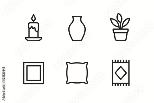 Minimalist home decor icons: candle, vase, plant, frame, pillow, rug