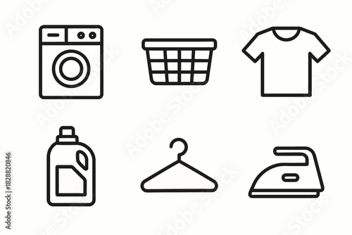 Laundry icons: washing machine, basket, shirt, detergent, hanger, iron