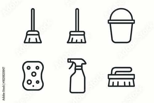 Essential cleaning tools: broom, bucket, sponge, spray bottle, scrub brush icons