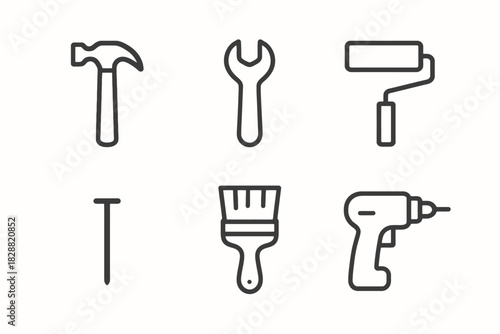Set of outline construction tools including hammer, wrench, and drill