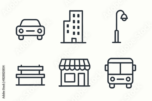 Urban icon set: car, building, streetlight, bench, storefront, bus in minimalist style