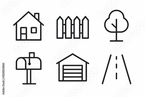 Minimalist home and garden icons: house, fence, tree, mailbox, garage, road