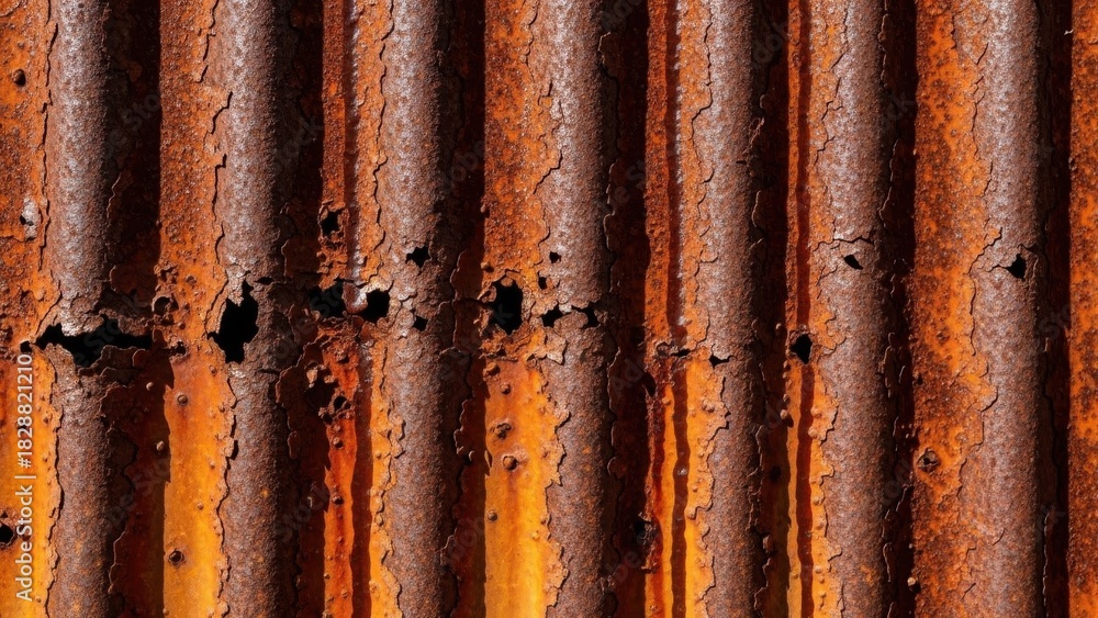 Obraz premium Detailed Close-Up of Weathered Corrugated Metal Texture with Rich Brown Rust and Oxidation Marks