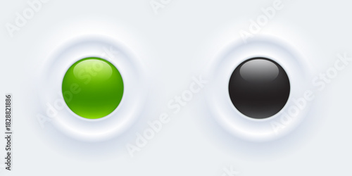 Minimal round neomorphic shape. User interface elements for mobile devices in the style of neumorphism. A set of white push buttons with on and off light. Vector illustration.