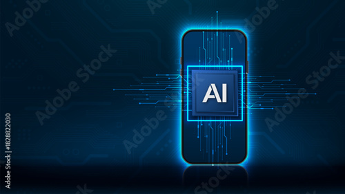 3D AI chip processor and circuit on a smartphone. Concept of Artificial intelligence and machine learning. AI assistant and analysis. Quantum CPU AI Chip. Tech Vector Illustration.