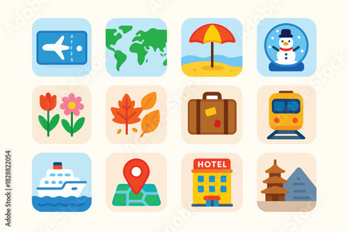Cohesive pastel travel icon set with airport, map, beach, luggage, transport, hotel, and landmark symbols. Ideal for tourism apps, vacation planning, websites, and travel marketing visuals.
