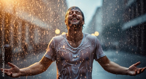 Joyful man embracing the refreshing rain with open arms