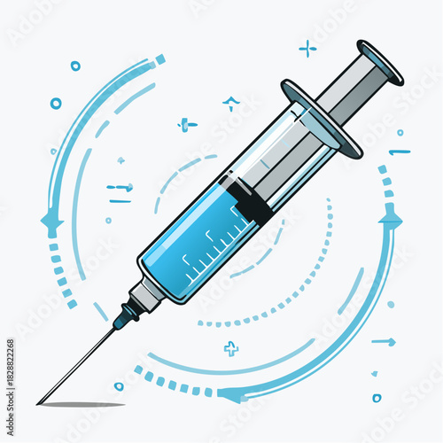 Clean graphic illustration of a medical syringe with blue liquid, representing healthcare, vaccination, and treatment, surrounded by abstract technological lines