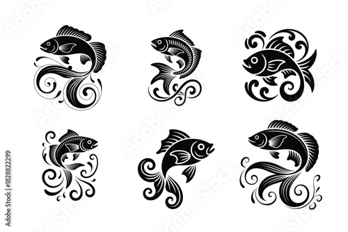 Fish decorative swirl illustration for tattoo design and branding