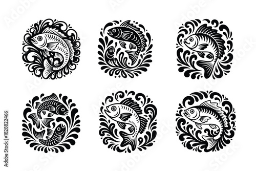 Fish ornamental circle illustration with decorative waves for tattoo and design