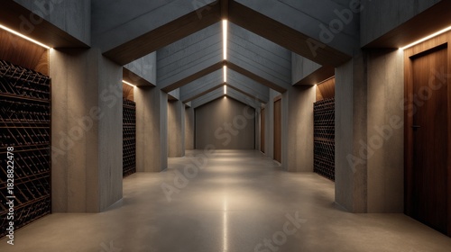Wine cellar corridor with polished concrete floor and minimalist lighting design, contemporary luxury feel