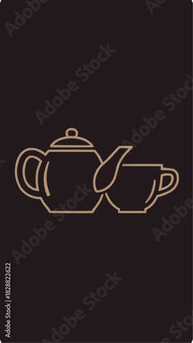 Minimalist line art illustration of a teapot, creamer, and teacup on a dark background, depicting a classic tea set.