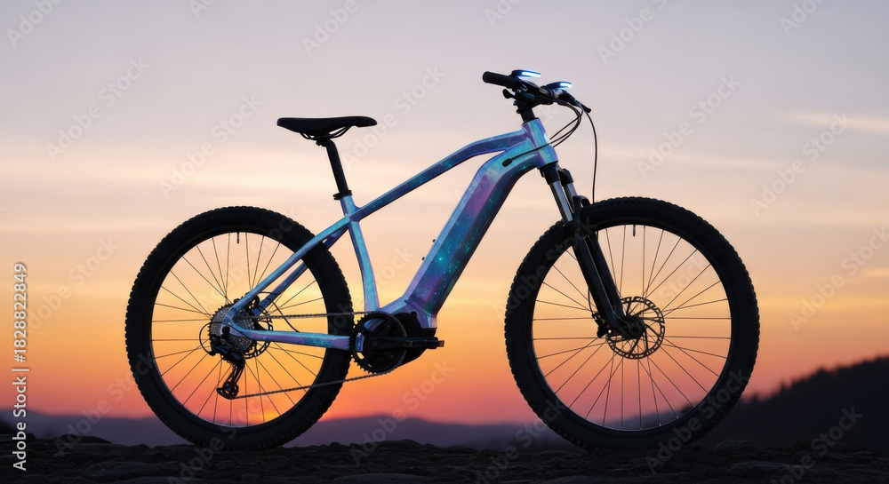 Obraz premium Electric mountain bike with galaxy paint at sunset