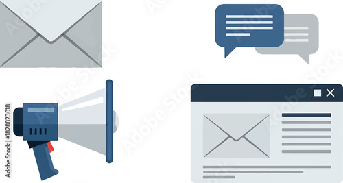Email Marketing Communication Icons Envelope, Megaphone, and Chat Bubbles