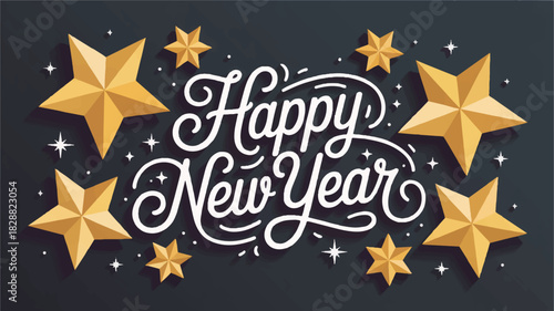 Happy New Year Wishes with Festive Golden Stars Illustration, Celebrating the Arrival of a New Year with Joy and Sparkle