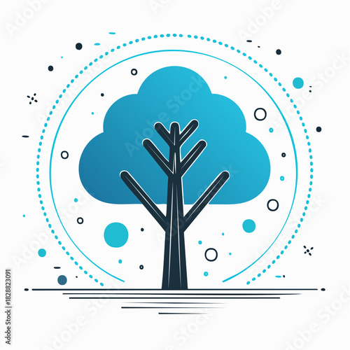 Abstract stylized tree icon with a blue cloud canopy, representing digital nature and sustainable technology concepts for modern environmental graphic design