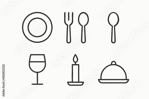 Minimalist dining icons: plate, cutlery, glass, candle, covered dish