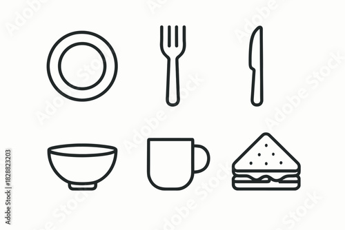 Minimalist black line icons of kitchenware and food items