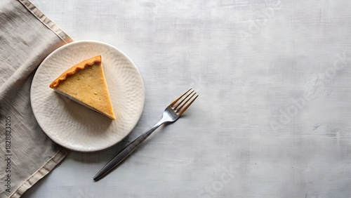 Slice of Custard Pie on a White Plate with a Fork and Napkin on a Textured Surface