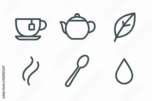 Tea icons collection: cup, teapot, leaf, steam, spoon, and droplet symbols