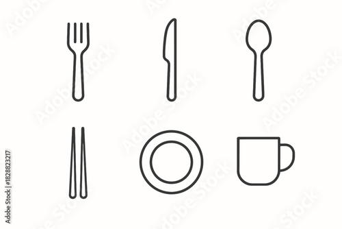 Minimalist line art of dining utensils and tableware icons