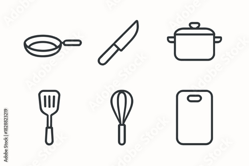 Black and white kitchen utensil icons: pan, knife, pot, spatula, whisk, cutting board