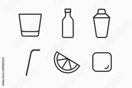 Line art cocktail set with glass, bottle, shaker, straw, lemon slice, ice cube