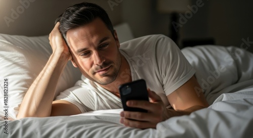 Young man captivated by smartphone in dim bedroom