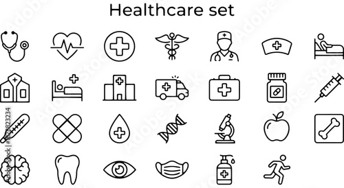 Healthcare medical icons set: doctor, hospital, first aid, wellness line symbols Vector