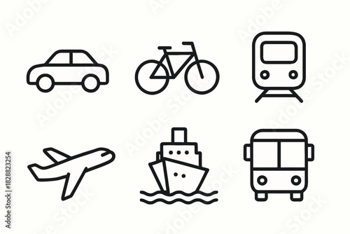 Transportation icons set featuring car, bicycle, train, airplane, ship, and bus
