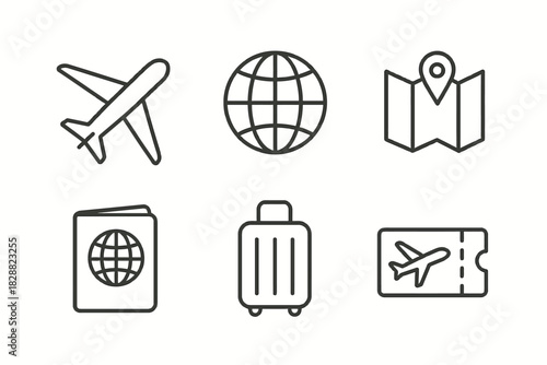 Travel icon set: airplane, globe, map, passport, luggage, ticket illustrations