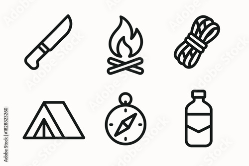 Minimalist camping icons: knife, campfire, rope, tent, compass, water bottle