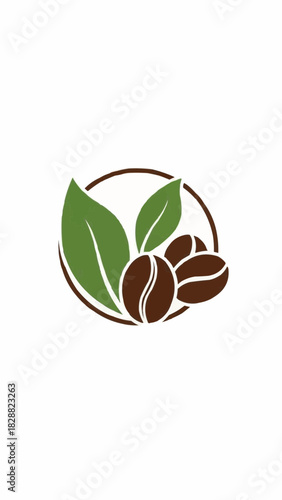 A minimalist logo design featuring three brown coffee beans and two green leaves within a circular brown outline, symbolizing natural coffee.