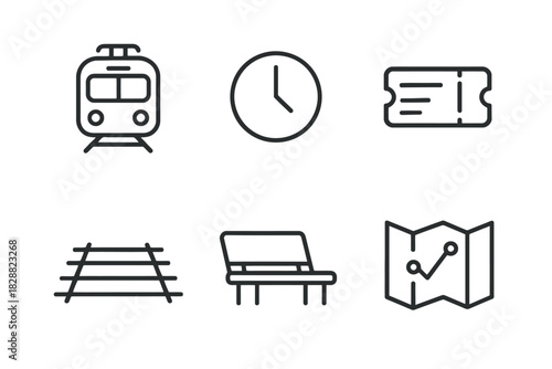 Minimalist transport icons with train, clock, ticket, and map