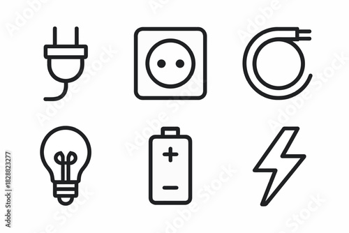 Electricity icons set: plug, socket, cable, light bulb, battery, lightning