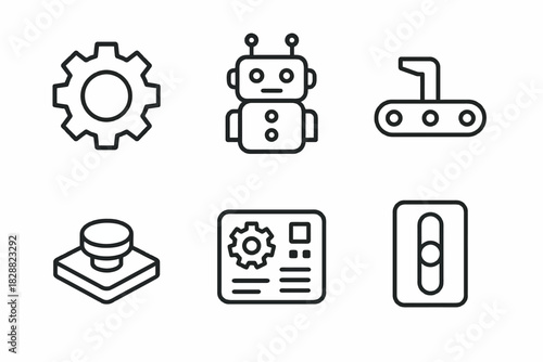 Industrial automation icons: gear, robot, conveyor, lever, control panel, automation switch