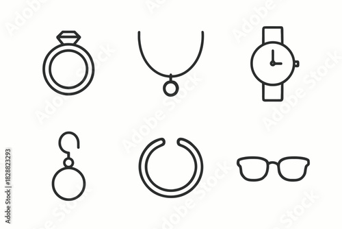Minimalist jewelry and accessory icons: ring, necklace, watch, earring, bracelet, glasses